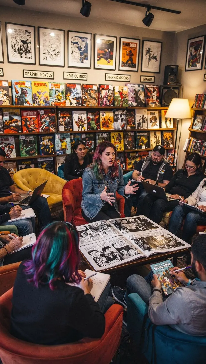 Eine Gruppe von Lesern, die sich bei einer Buchdiskussion um einen Tisch versammelt hat, mit angeregten Gesprächen.