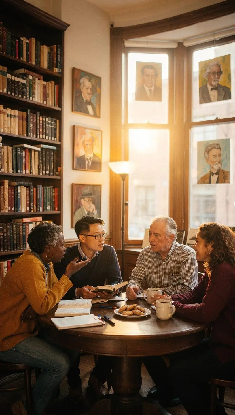 Eine Gruppe von Menschen sitzt zusammen und diskutiert leidenschaftlich Гјber ein Buch.